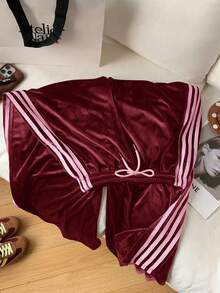 Comfortcana Plus Size Solid Color Velvet Comfortable Contrast Side Stripe Casual Pants, Suitable For Spring And Autumn - Burgundy - View 4