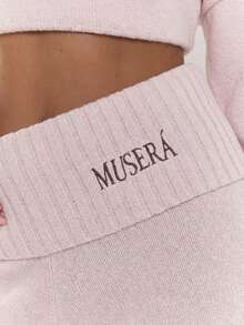 MUSERA 超大罗纹针织刺绣细节阔腿套装裤，舒适可爱休闲冬季圣诞时尚咖啡俱乐部 - 淺粉色 - 查看 6