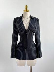 Elamini Women's Elegant Striped Long Sleeve Shirt And Low Waist Striped Skirt 2-Piece Set, Versatile For Daily, Commute, Party, Autumn/Winter - Multicolor - View 1