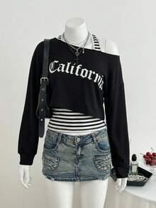 Rina Fox 1 Set Fashion Black Off-Shoulder Crop Top & Striped Camisole Sports Outfit - Multicolor - View 1