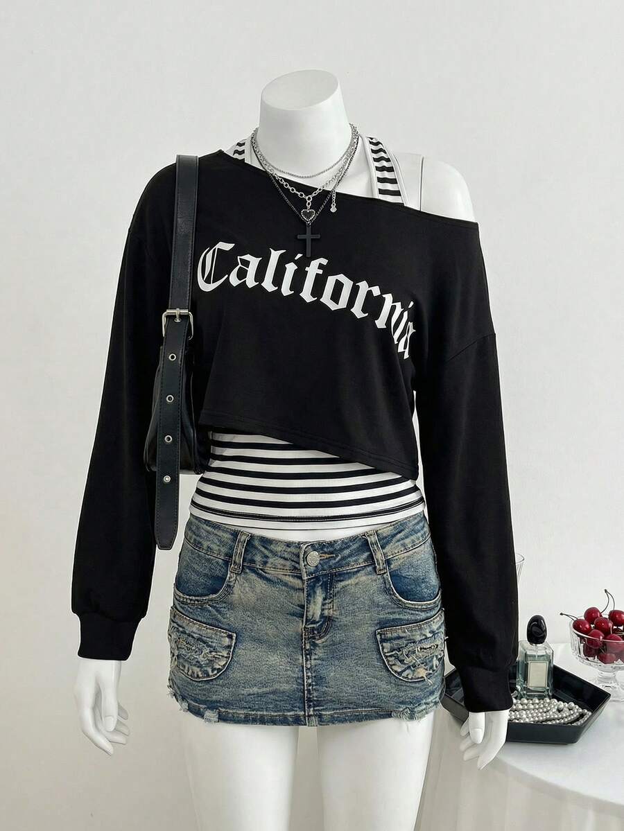 Rina Fox 1 Set Fashion Black Off-Shoulder Crop Top & Striped Camisole Sports Outfit - Multicolor - View 1