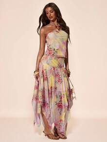 SHEIN BAE 女士浪漫优雅不对称下摆网纱印花飘逸半身裙，适合春夏度假、音乐节、海滩旅行、与朋友休闲外出等场合。 - 淺粉色 - 查看 1