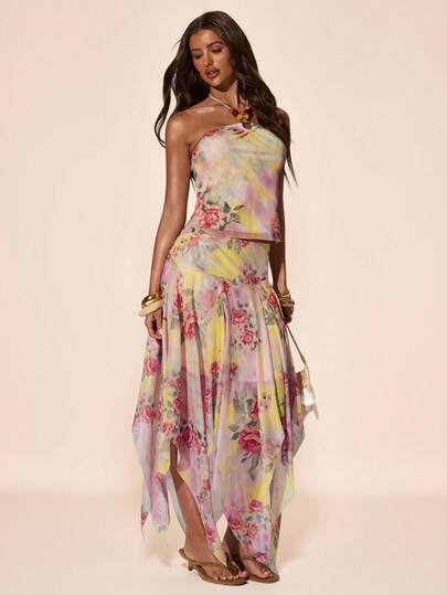 SHEIN BAE Women's Romantic Elegant Asymmetrical Hem Mesh Print Flowy Skirt, Suitable For Spring/Summer Vacation, Music Festivals, Beach Trips, Casual Outings With Friends