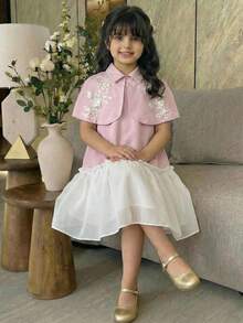 Young Girl Light Pink Summer 7th Birthday Princess Dress Set,Delicate Lace Applique 3D Flower Collar Capelet & Ruched Organza Flared Dress,2pcs Kids - Pink - View 4