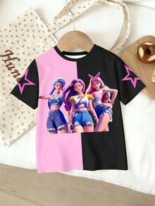 Unga flickor casual fashionabel cool K-POP tjej svart & rosa färgblock kortärmad rund hals t-shirt, 3 flickor tryckt ärm & pentagramtryck personlig söt mångsidig utomhustopp - Multifärgad - Visa 3