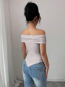 Rafferiza Camiseta de manga corta ajustada y hombros descubiertos para mujer, estilo casual y de oficina, para verano - Gris - Ver 2