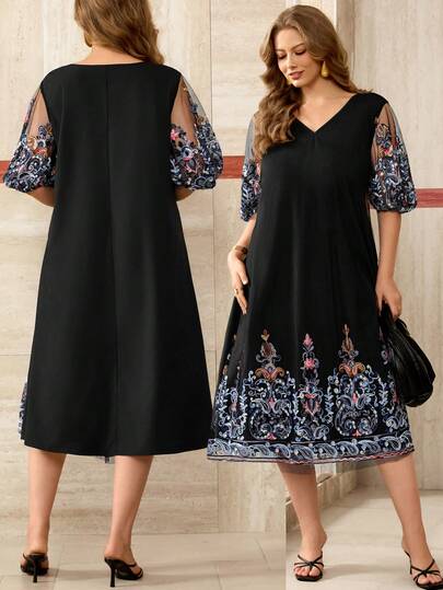 Roveilla Plus Size Women's New Spring & Summer Dress, Short Sleeve Elegant Dress With Mesh Embroidery, Loose Casual Vacation Dress, Suitable For Wedding Guest