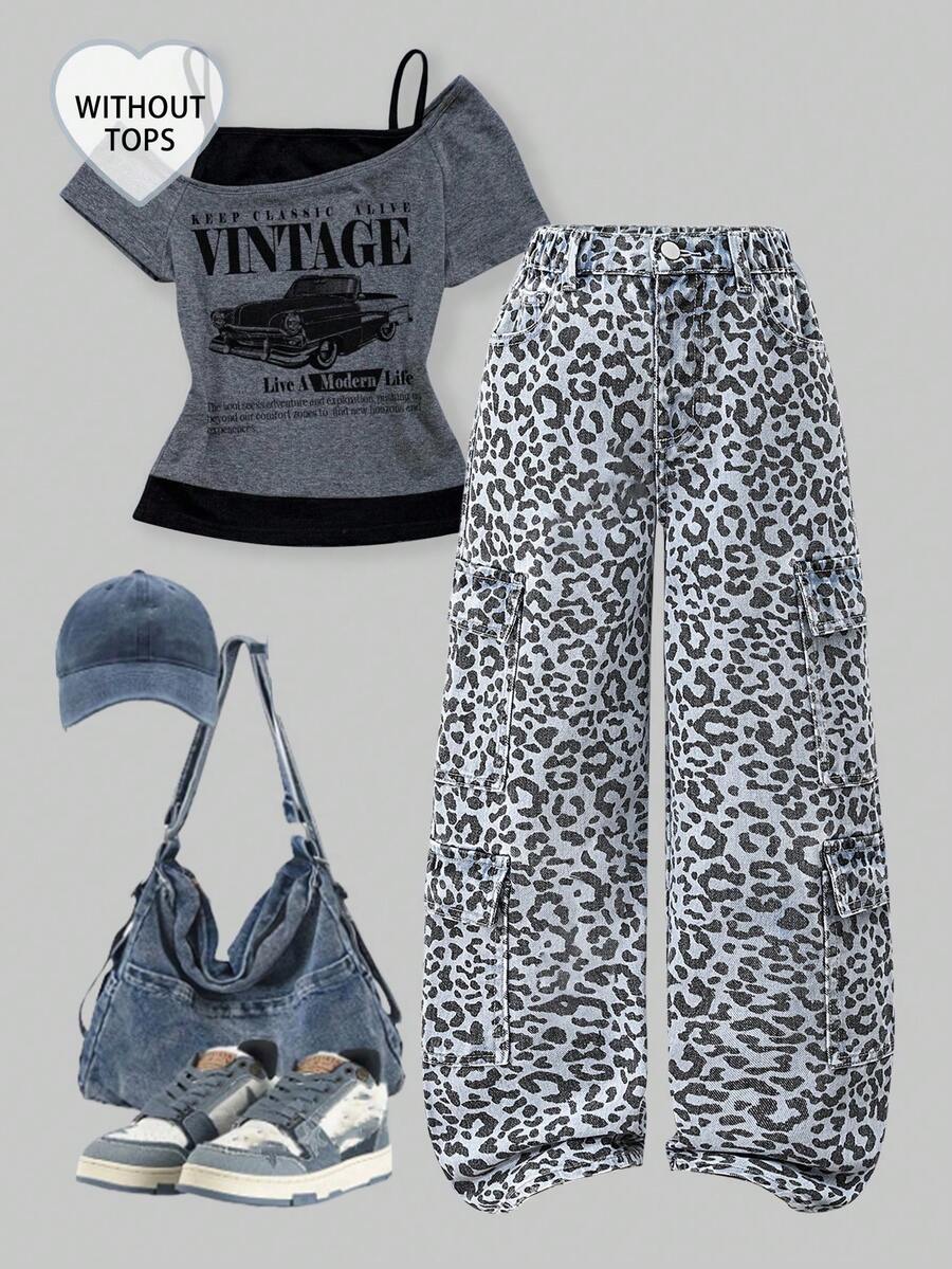 SHEIN ChillGRL Tween Girl Y2K Casual Streetwear Multi-Pocket Drawstring Waist Leopard Print Washed Blue Cargo Jeans - Light Grey - View 1