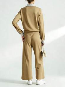 EMERY ROSE Women's Casual Striped Patchwork Top And Pants Set, Spring/Autumn - Khaki - View 2