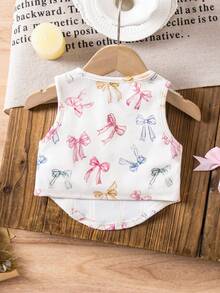 SHEIN Cute Summer Versatile Knit White Bow Tie Camisole Baby Girl Printed Vest Toddler Girl Sleeveless Shirt Summer Baby Girl Clothes Baby Girl Summer Tops Baby Girl Sleeveless Top - White - View 7