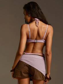 Athîral 女士Y2K时尚休闲百搭牛仔迷你裙搭配波点印花围巾 - 棕色 - 查看 2