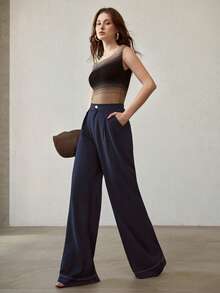 MOTF PREMIUM 纯色高腰褶裥阔腿裤 - 深色水洗藍 - 查看 3