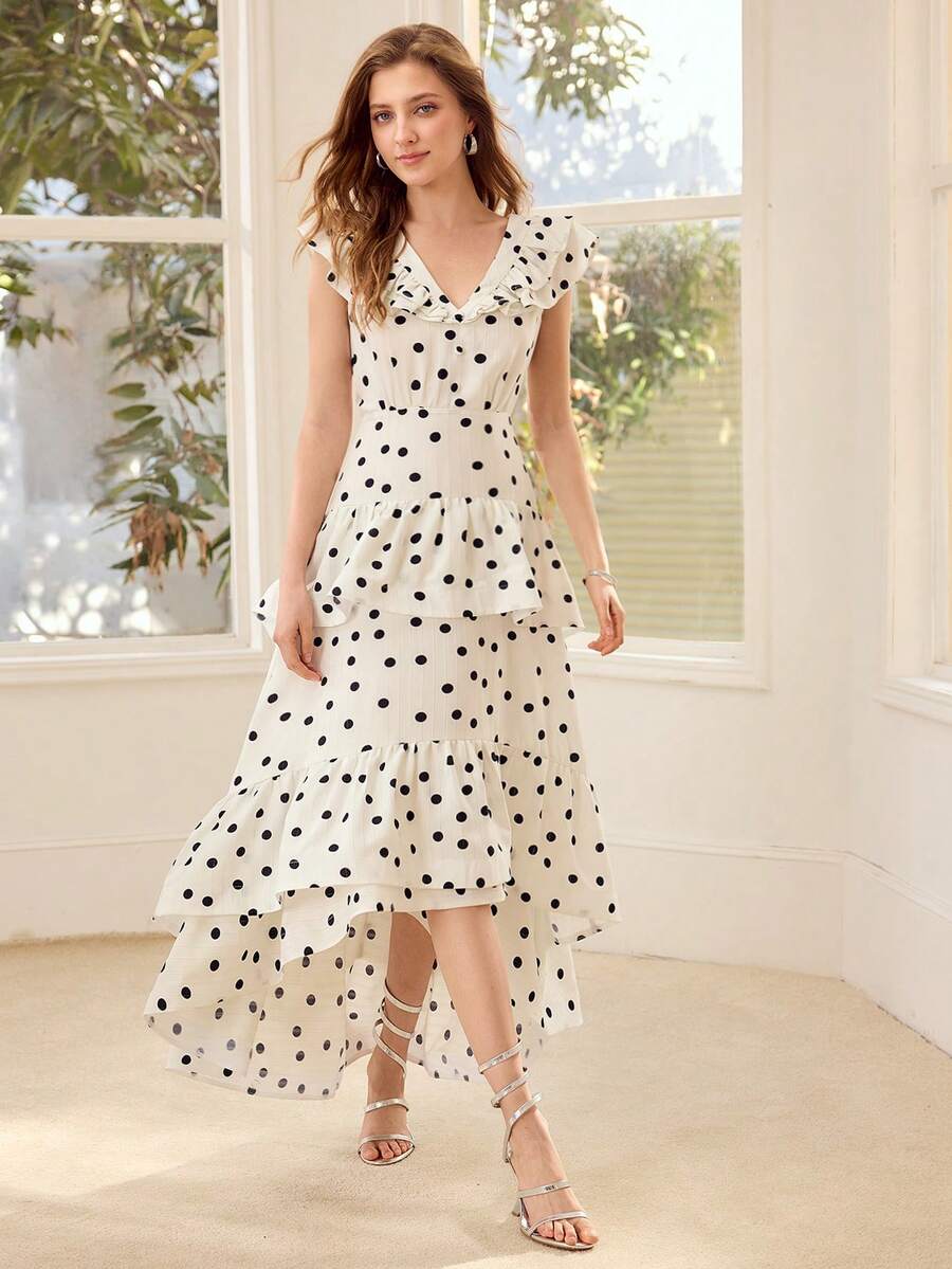 MOTF PREMIUM 女士波点印花荷叶边连衣裙 - 黑與白 - 查看 1