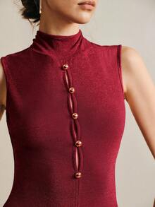 Arave Women's Knit Fabric Round Neck Sleeveless Hollow Out Single-Breasted Casual/Party Sexy Romantic Blouse, Red - Red - View 3