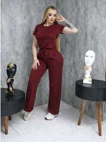 Conjunto  pantalón con línea + blusa corta 
 Tela acatalanada, cómoda - Rojo violeta - Ver 3