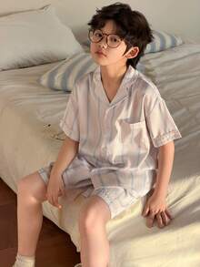 DAZY Conjunto de pijama con camisa de manga corta con botones y pantalones cortos con estampado de rayas para niño preadolescente - Albaricoque - Ver 1