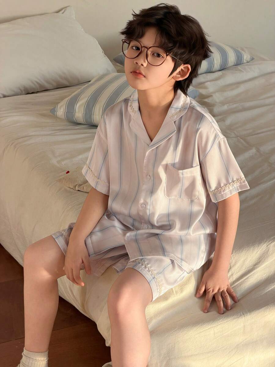 DAZY Conjunto de pijama con camisa de manga corta con botones y pantalones cortos con estampado de rayas para niño preadolescente - Albaricoque - Ver 1