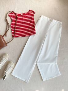 PrepCrw 两件套少女优雅都市学院风休闲经典红白条纹舒适圆领背心搭配蓝色长裤，适合返校、休闲外出、旅行、聚会、节日派对、秋冬季穿着。 - 彩色 - 查看 2