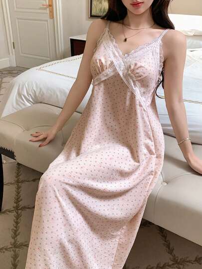DAZY Sweet Lace Patchwork Rabbit & Ditsy Floral Camisole Waist Women Nightgown