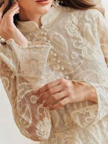 Anewsta Women's Elegant Embroidered Fabric Dress, Flared Sleeves, Ruffle Hem, Suitable For Parties And Gatherings - Beige - View 7