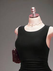 SHEIN ICON Đầm đen không tay cổ chữ V dáng rộng, bèo nhún, vạt bất đối xứng, thích hợp cho hẹn hò, ngày Valentine, đầm lưới thanh lịch. - màu đen - Xem 5