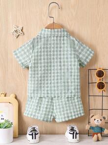 Baby Boy Gingham Print Patch Detail Shirt & Shorts Without Tee - Multicolor - View 2