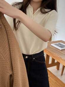 DAZY 女士休闲 Polo 领短袖毛衣，柔软舒适的针织上衣 - 米色 - 查看 5