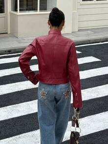 SHEIN EZwear 女士时尚长袖拉链百搭短款外套，秋冬季必备 - 紅色 - 查看 2
