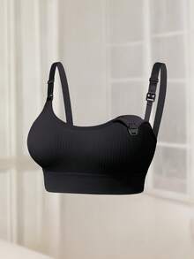 Moonlight&Mama 1pc Plus Size Seamless Ribbed Comfortable Nursing Bra Black Summer - Black - View 6