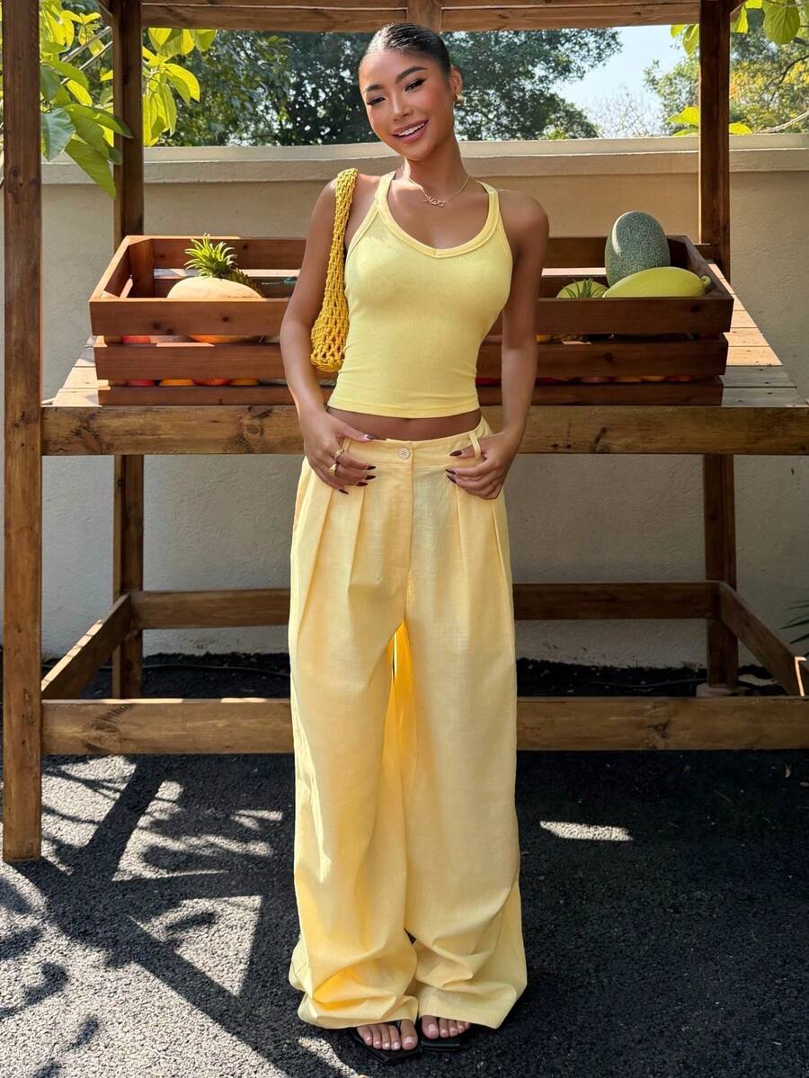 Muchica Women's Summer New Linen V-Neck Tight Camisole And Loose Wide-Leg Pants Set, Light Yellow Summer 2 Piece Set - Yellow - View 1