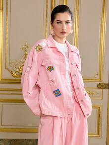 LOTSLUV Women's Pink Washed Distressed Denim Jacket With Cute Cartoon Patches - Pink - View 4