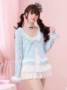 ROMWE Kawaii Cute Ruffled Dual-Layer Heart & Butterfly Hollow Out Cardigan For Women - Mint Green - View 5