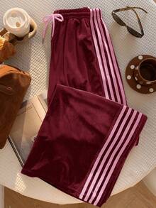 Comfortcana Plus Size Solid Color Velvet Comfortable Contrast Side Stripe Casual Pants, Suitable For Spring And Autumn - Burgundy - View 3