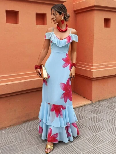 Flora Isola Flora Isola Mint Green Ruffled Strap Floral Print Fishtail Dress, Beach Resort Wear, Fashionable Floral Dress For Daily Outings, Spring/Summer