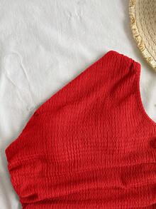 SHEIN Tween Girl Solid Asymmetric Hem Textured Knit Crop Camisole Knitted Ribbed Tube Top Red Tank Cute Sweet Basic - Red - View 3