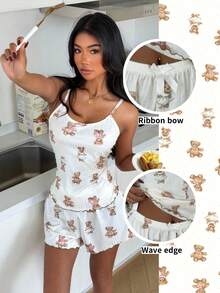 SHEIN Conjunto de pijama de camiseta de tirantes acanalada y pantalones cortos con diseño de oso lindo para mujer - Beis - Ver 1