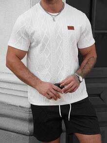 Manfinity Homme 男士舒适几何压花象牙色圆领短袖上衣搭配黑色抽绳弹力腰短裤，两件套，休闲百搭，适合度假、派对、聚会、运动、办公等场合，经典日系风格，春秋季穿搭。 - 黑與白 - 查看 5