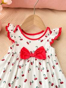Newborn Baby Girl Cute Knitted Color Block Bow&Cherry Print Flutter Sleeve Dress Sleeveless Floral Dresses - Red - View 5