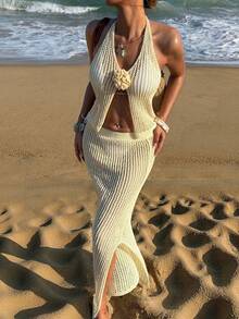 Nevyona 女士基本款时尚度假简约黄色碎花吊带夏季沙滩连衣裙套装 - 黃色 - 查看 1