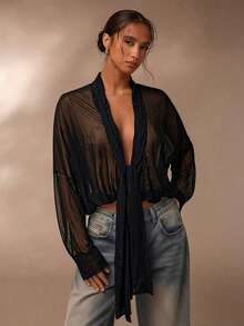 SHEIN PETITE Mesh See-Through Blouse, Vacation Style Women Shirt, Casual Blouse Top - Black - View 1