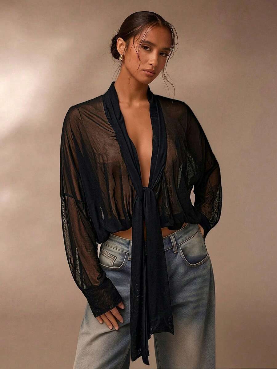 SHEIN PETITE Mesh See-Through Blouse, Vacation Style Women Shirt, Casual Blouse Top - Black - View 1