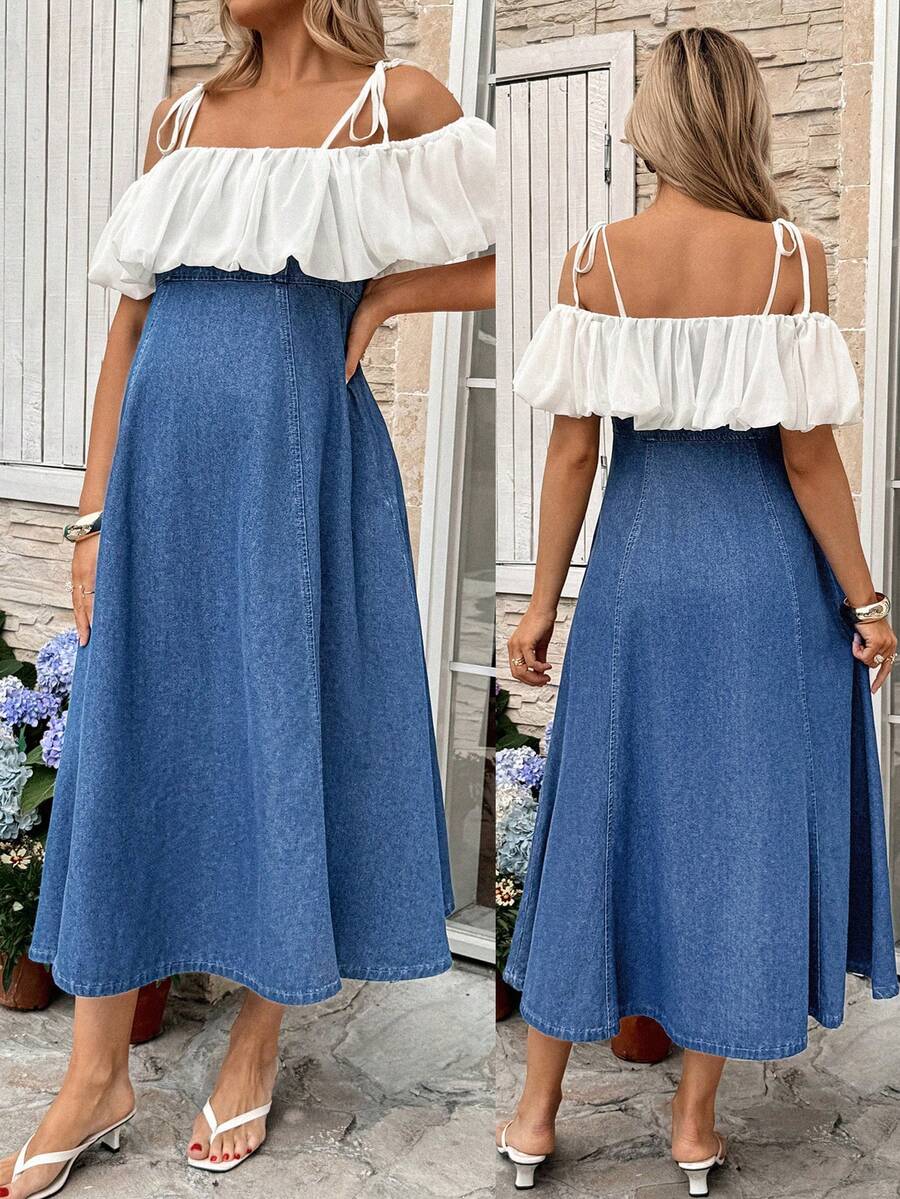 SHEIN Maternity Summer Casual Color Block Off Shoulder Denim Dress Spring To Summer Valentine's Day Carnival Costume Commuting Vacation Graduation Chic Y2k Cute Streetwear Coquette Party Wedding Elegant Business Casual Woman Women Fashionable A-Line Denim Midi Dress Versatile Casual Blue For Everyday Wear - Blue - View 1