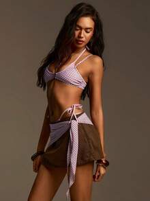 Athîral 女士Y2K时尚休闲百搭牛仔迷你裙搭配波点印花围巾 - 棕色 - 查看 5