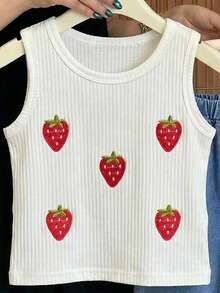 SHEIN Baby Girl Strawberry Embroidery Round Neck Tank Top And Denim Jeans Casual Outfit - Multicolor - View 3