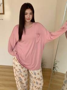 Dazy Plus 大尺碼女款純色圓領長袖上衣與寬腿褲休閒居家服睡衣套裝 - 粉色 - 查看 5