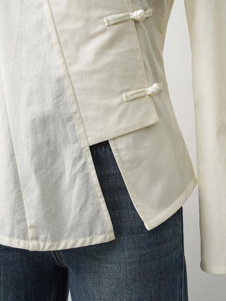 Elamini Chaqueta/abrigo de manga larga con cuello Mao, botones, bajo asimétrico, de lino negro para mujer. Estilo chino vintage elegante, versátil para otoño/invierno, adecuado para la oficina y uso diario. - Blanco - Añade 5