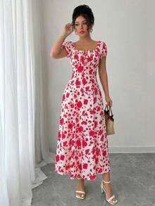SHEIN Raffinéa Women's Elegant French Retro Red & White Floral Print Dress, Square Neck Puff Sleeve Ruched High Waist Slim Fit Ankle-Length Dress, Chic Vacation Style Printed Dress - Red - View 4