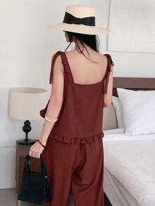 DAZY Damen Blumen Spitze Patchwork Trägerhemd und weite minimalistische Bundfaltenhose, Urlaubsstil lässiges Zweiteiler Set Sommer Loungewear für Frauen Kurze Sets für Frauen - Rot - Übersicht 5