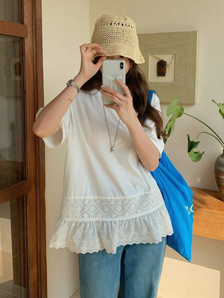 Women's Summer Round Neck Short Sleeve Lace Patchwork Casual Elegant T-Shirt