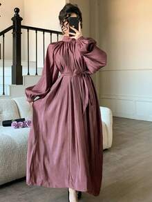 DAZY 女士优雅立领褶裥腰带束腰长裙 - 鏽棕色 - 查看 6